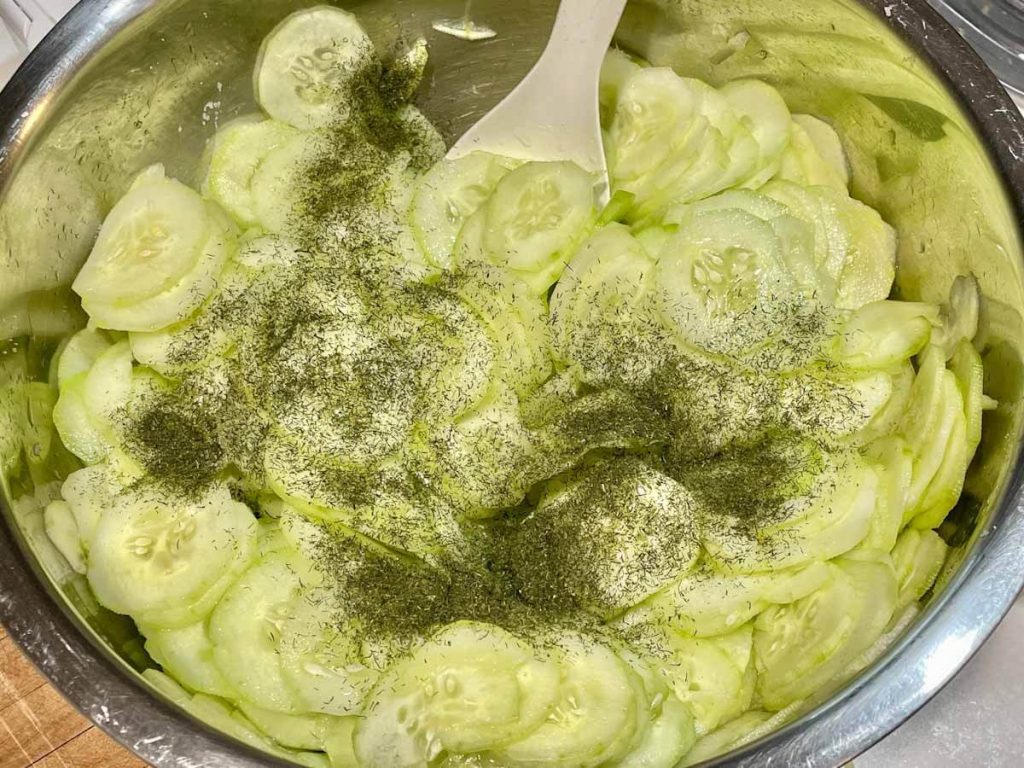 ingredients mixed for cucumber salad