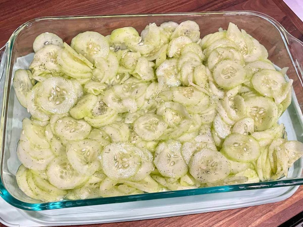 cucumber salad in a glass container