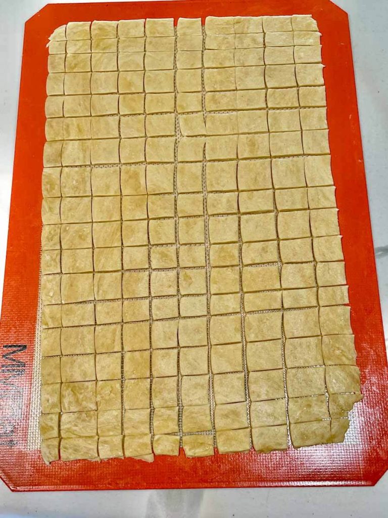 close-up of sourdough crackers dough in squares