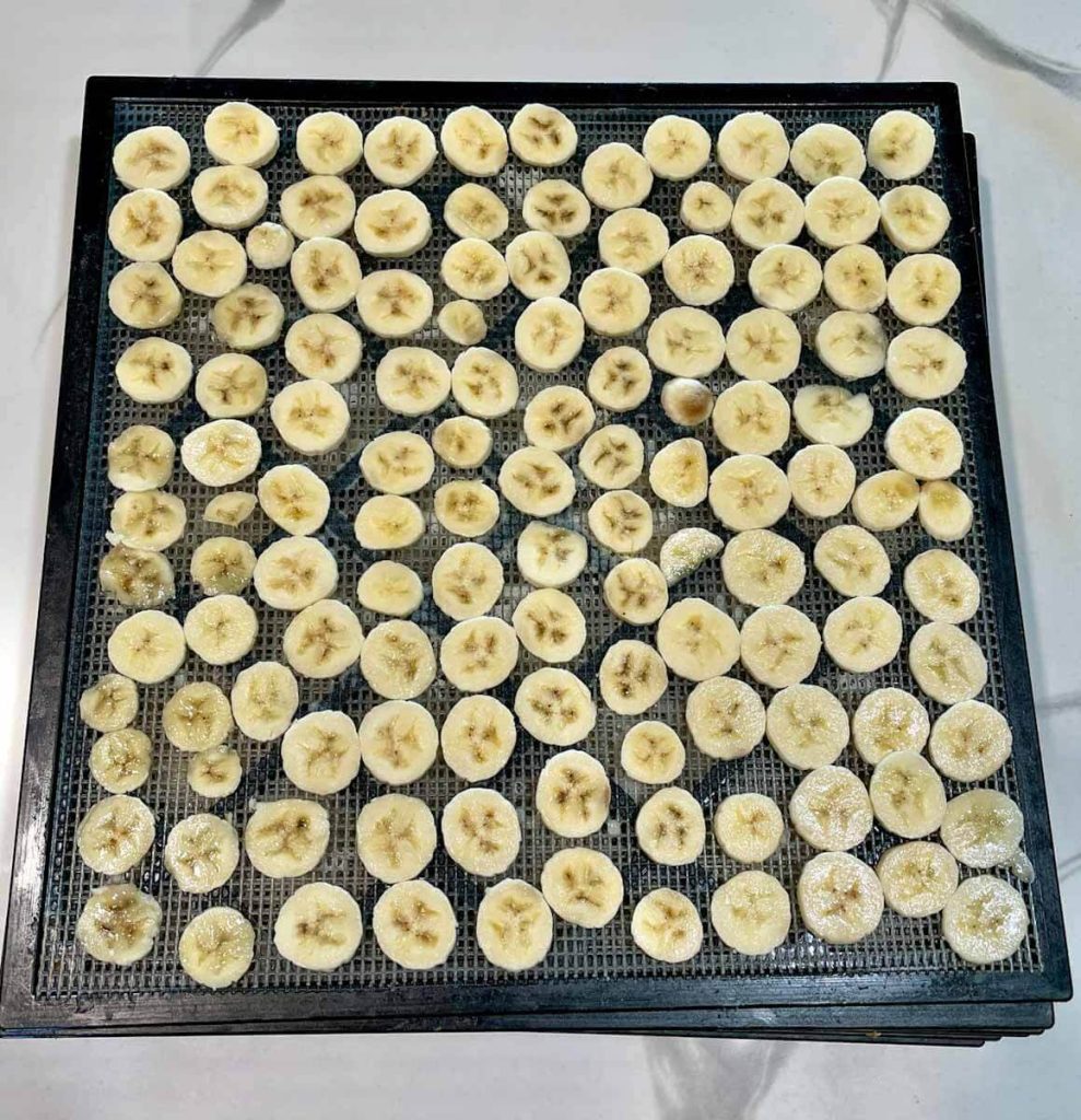 sliced bananas on a tray for dehydrating